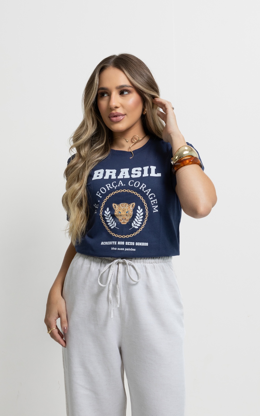 Camiseta Feminina Azul Marinho Onça Brasil 4